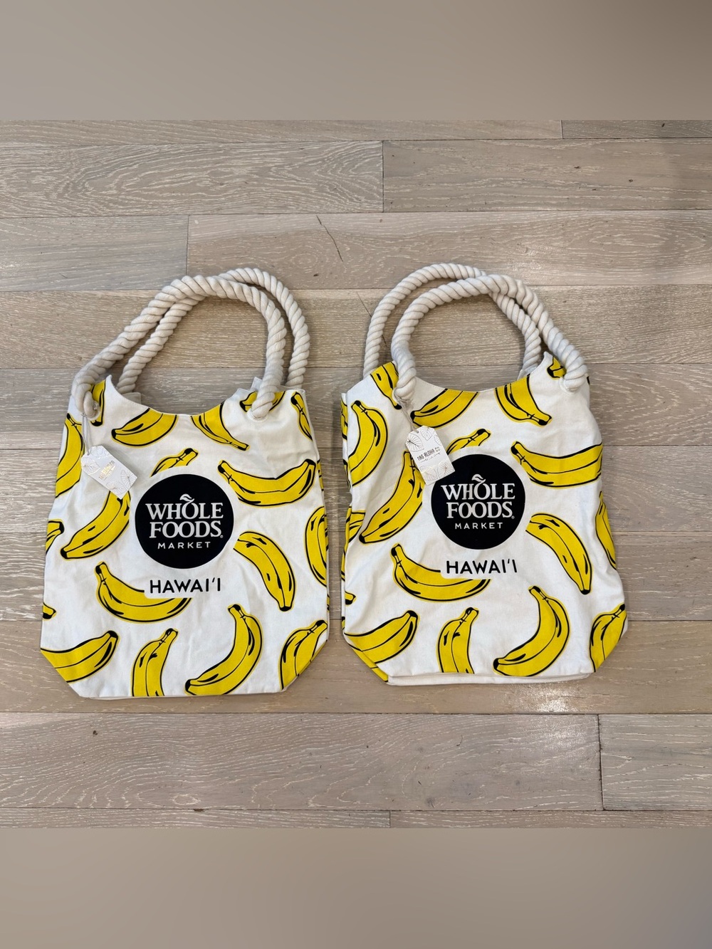 2 Whole Foods Market Hawaii Banana Print Rope-Handle Tote Grocery Bag NWT